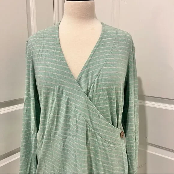 Soft Surroundings Women's Green/Gray Striped Long Sleeve Wrap Blouse Large 14-16 - Picture 2 of 7